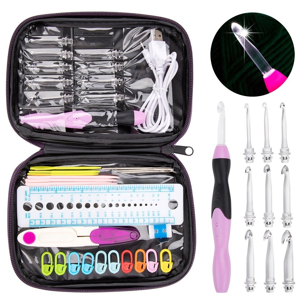 Vidillo Lighted Crochet Hooks Set, Rechargeable Ergonomic with Case (Purple)