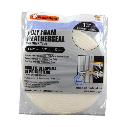 Frost King L344H White Adhesive Poly Foam Weatherstrip Tape 1-½” X 17' x ¼” Thic