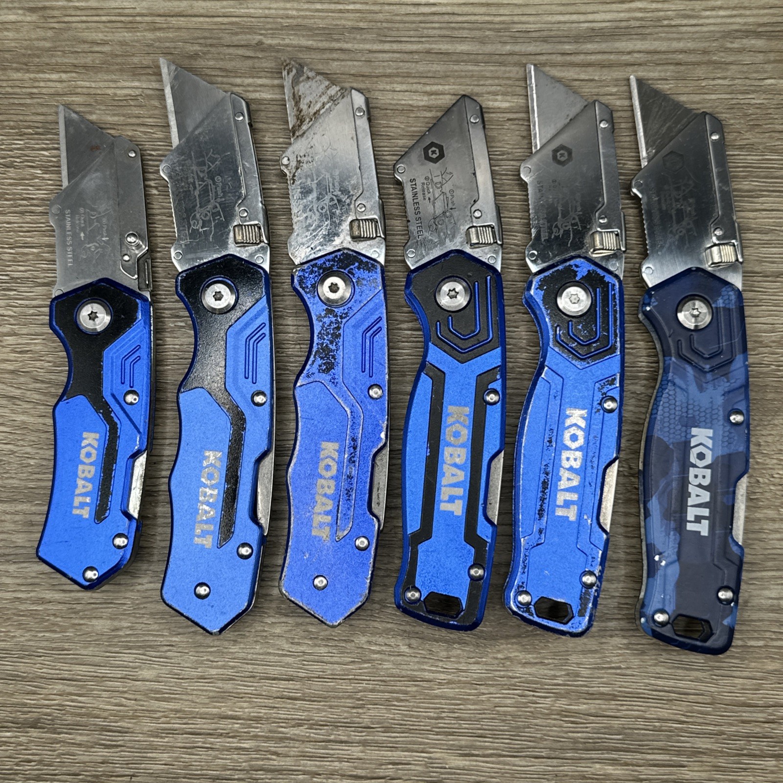 (LOT C) 6 Kobalt Folding Utility Knife Knives Box Cutters Blue TSA Surplus