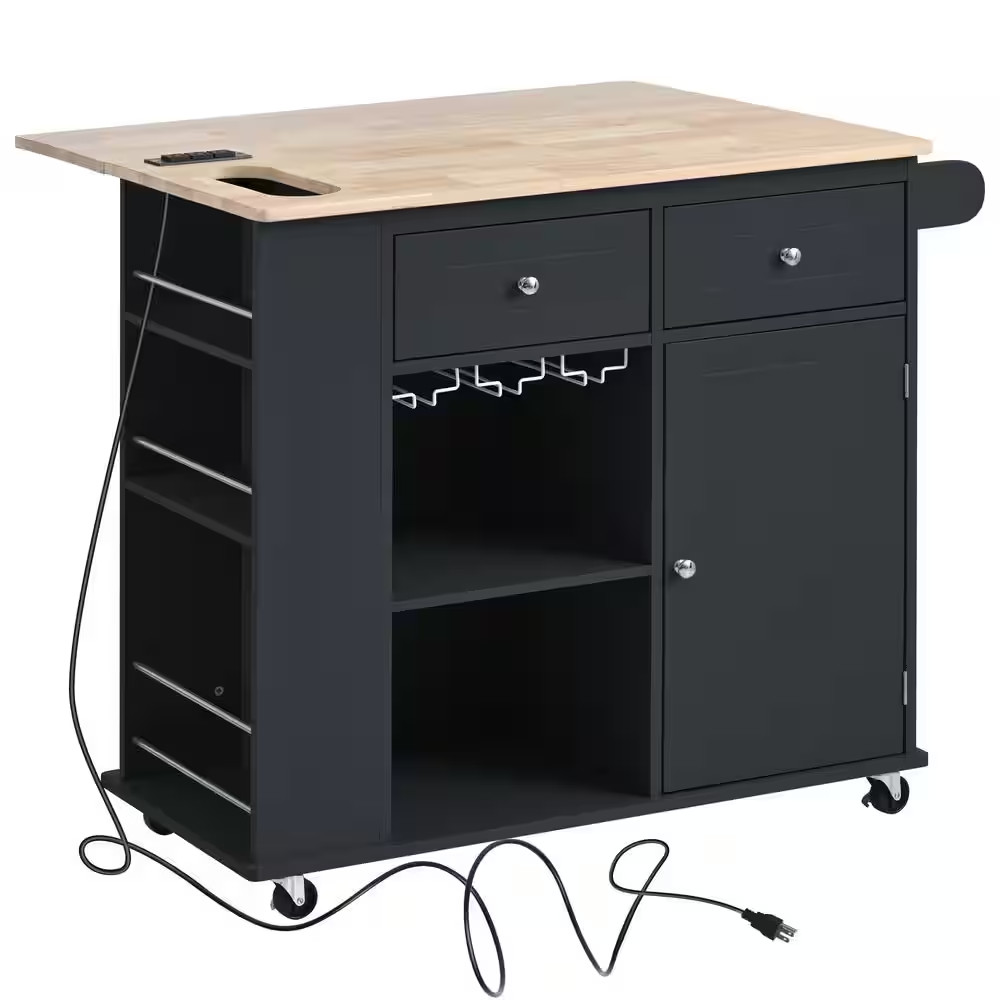 Black Wood 39.8 In. Kitchen Island with Towel Rack and Wine Rack, Open Storage