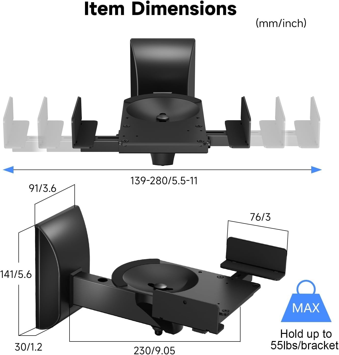 Universal Wall Mount Speaker Bracket - Adjustable Dual Stands, 55lbs Capacity
