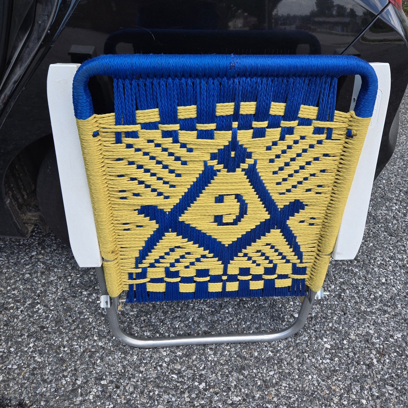 Masonic Folding Chairs Pair Macrame Blue Gold Aluminum Frame Vintage Lawn Patio