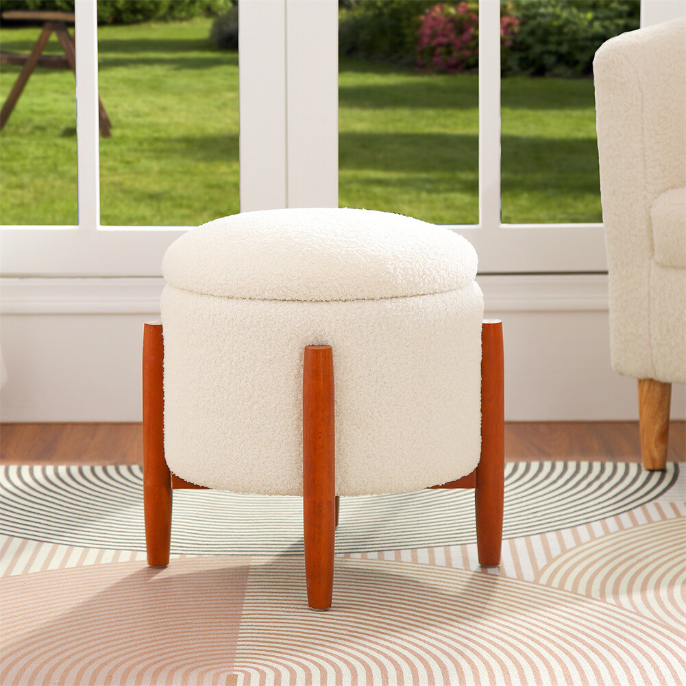Round Storage Ottoman Modern Teddy Velvet Living room Footstool with Wood Legs