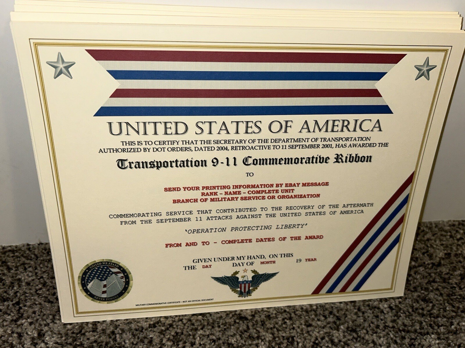 COAST GUARD / TRANSPORTATION 9-11 COMMEMORATIVE CERTIFICATE ~ W/PRINTING TYPE-1