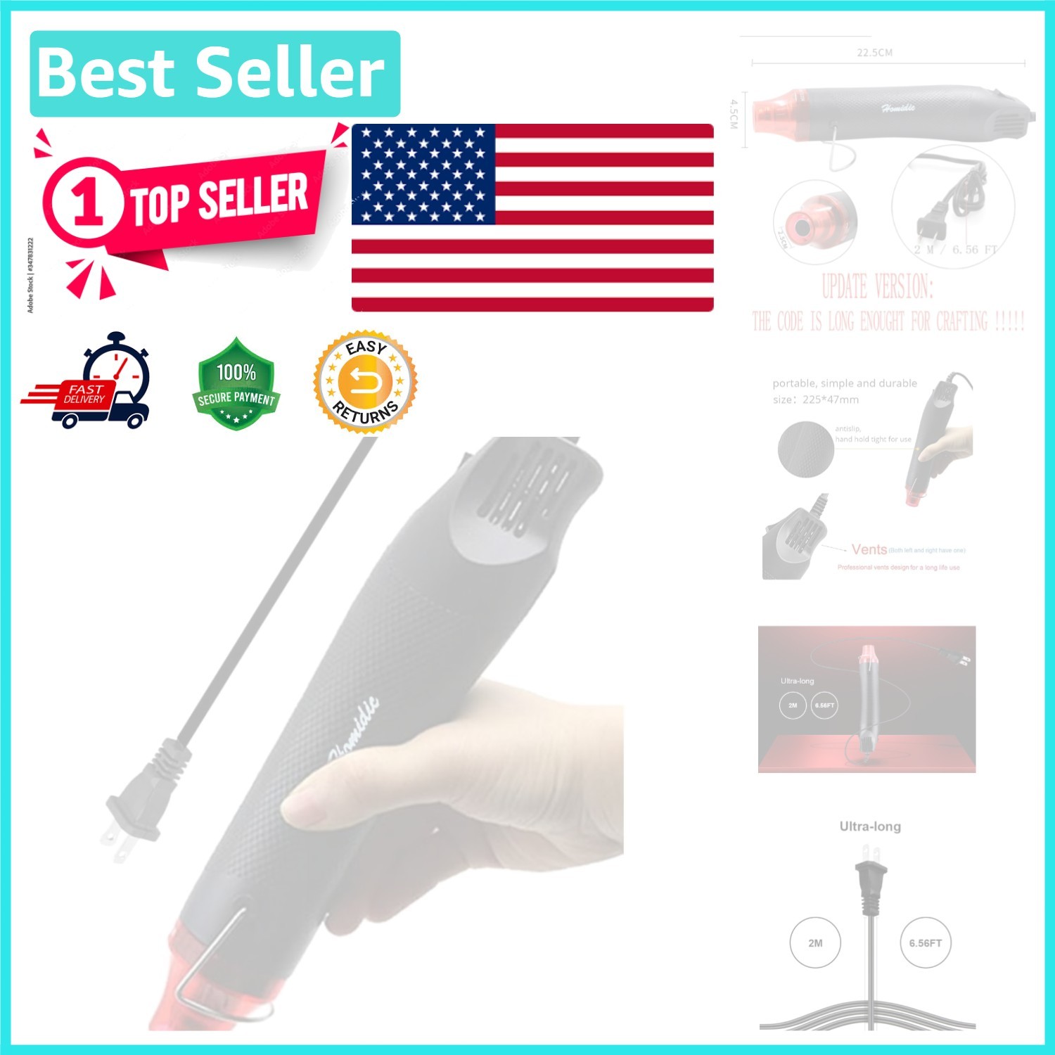 Professional Quality Portable Heat Gun with Built-in Stand - Perfect for Crafts