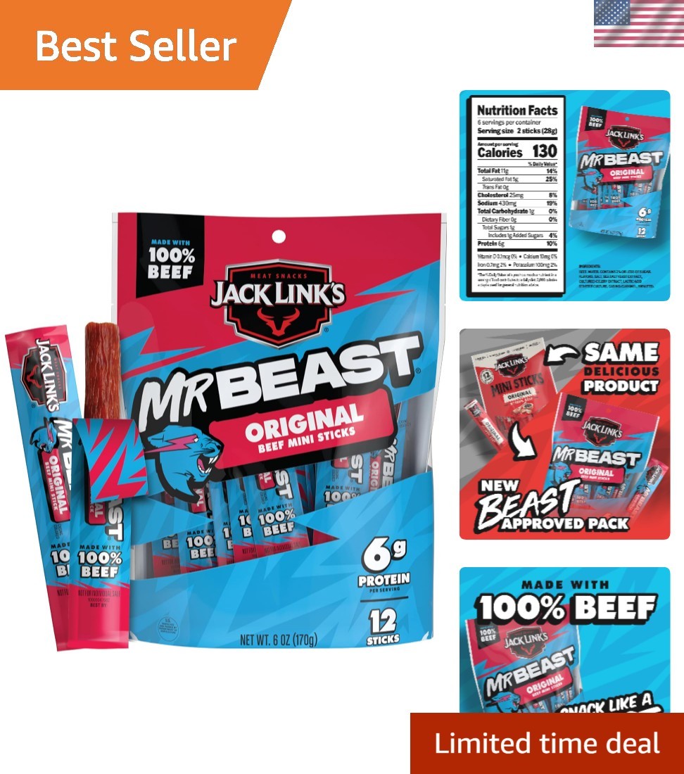 MrBeast  Flavor Mini Beef Jerky Sticks - 100% Real Beef - 12 Pack