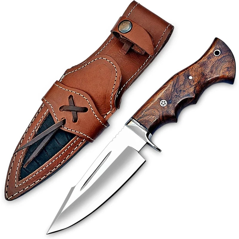 Handmade D2 Steel Hunting Knife - Bushcraft Fixed Blade Knife with Leather Cover