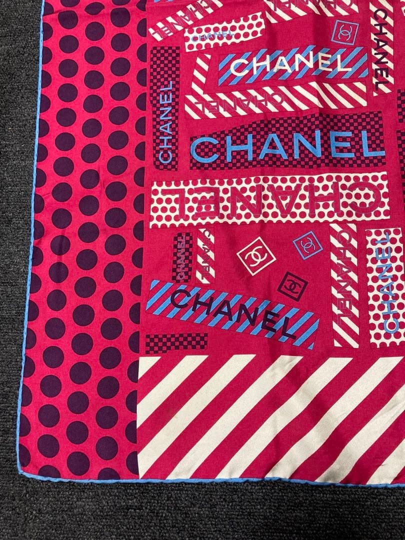 CHANEL Silk Scarf Coco Chanel Stripe Polka Dot in Pink 85 x 85cm