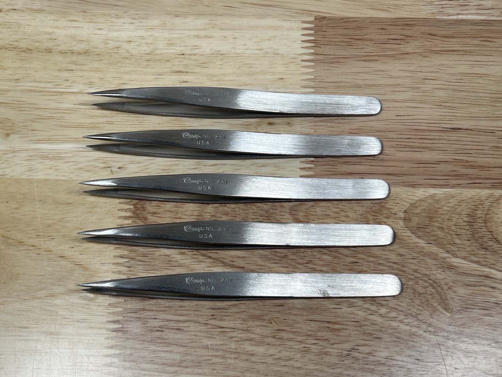 SET OF 5 Clauss Tweezers Straight Sharp Point No. 231 Stainless Steel