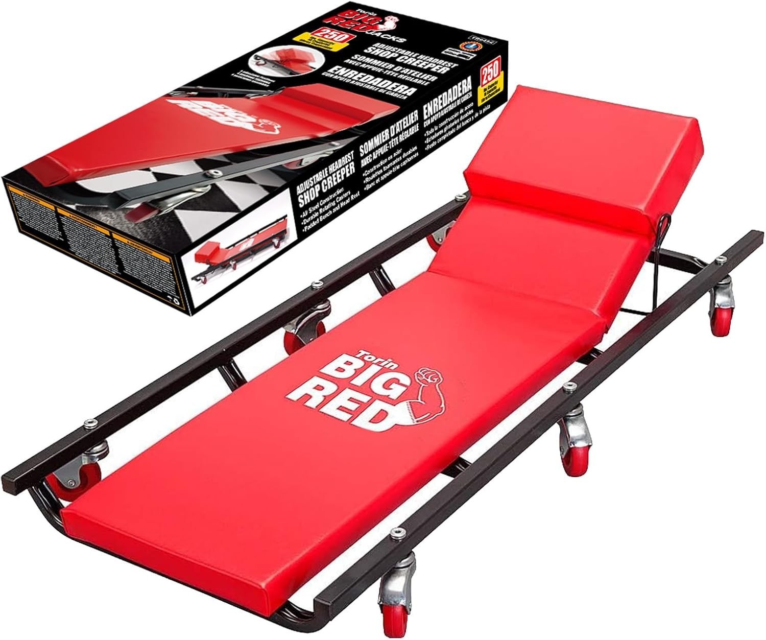 Durable 40" Red Rolling Shop Creeper with Cushioned Headrest & Smooth Mobility