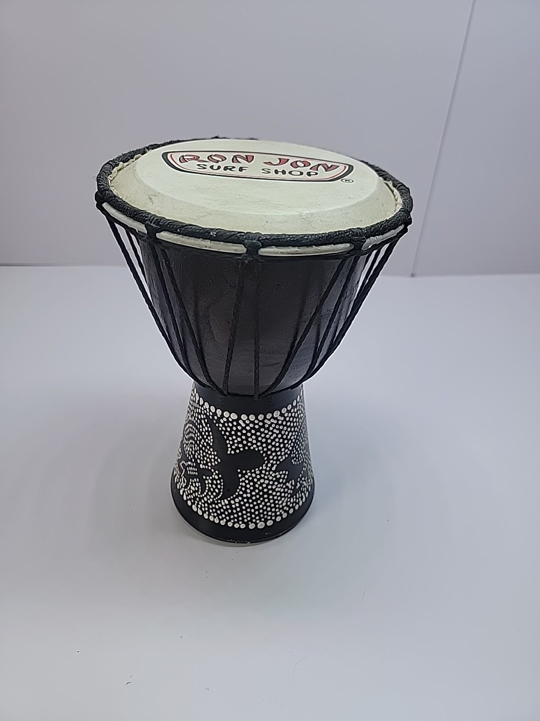 Ron Jon Surf Shop Mini Djembe Hand Drum 10” Black White Tribal Pattern Beach...