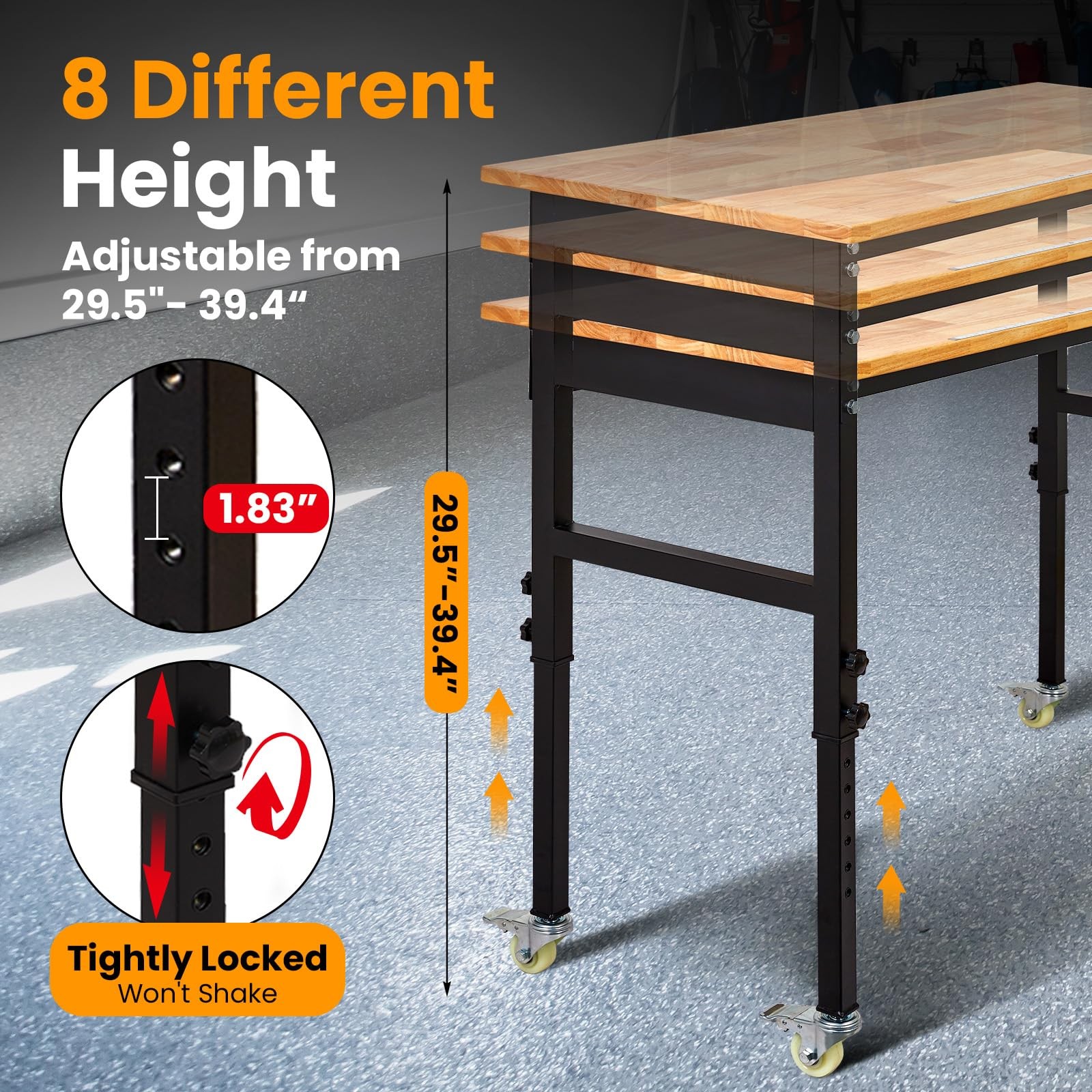 48" Adjustable Workbench w/ Wheels & Pegboard, Work Table for Garage, Workshop