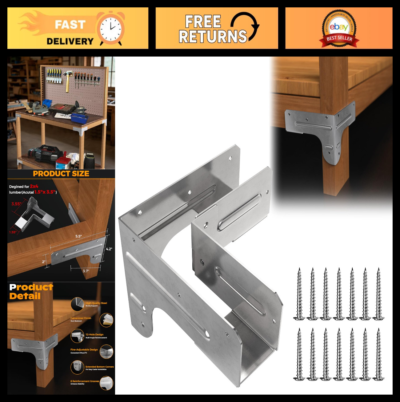 Workbench & Shelving Hardware Kit - Galvanized Steel Corner Brackets, 8 Pcs + 10