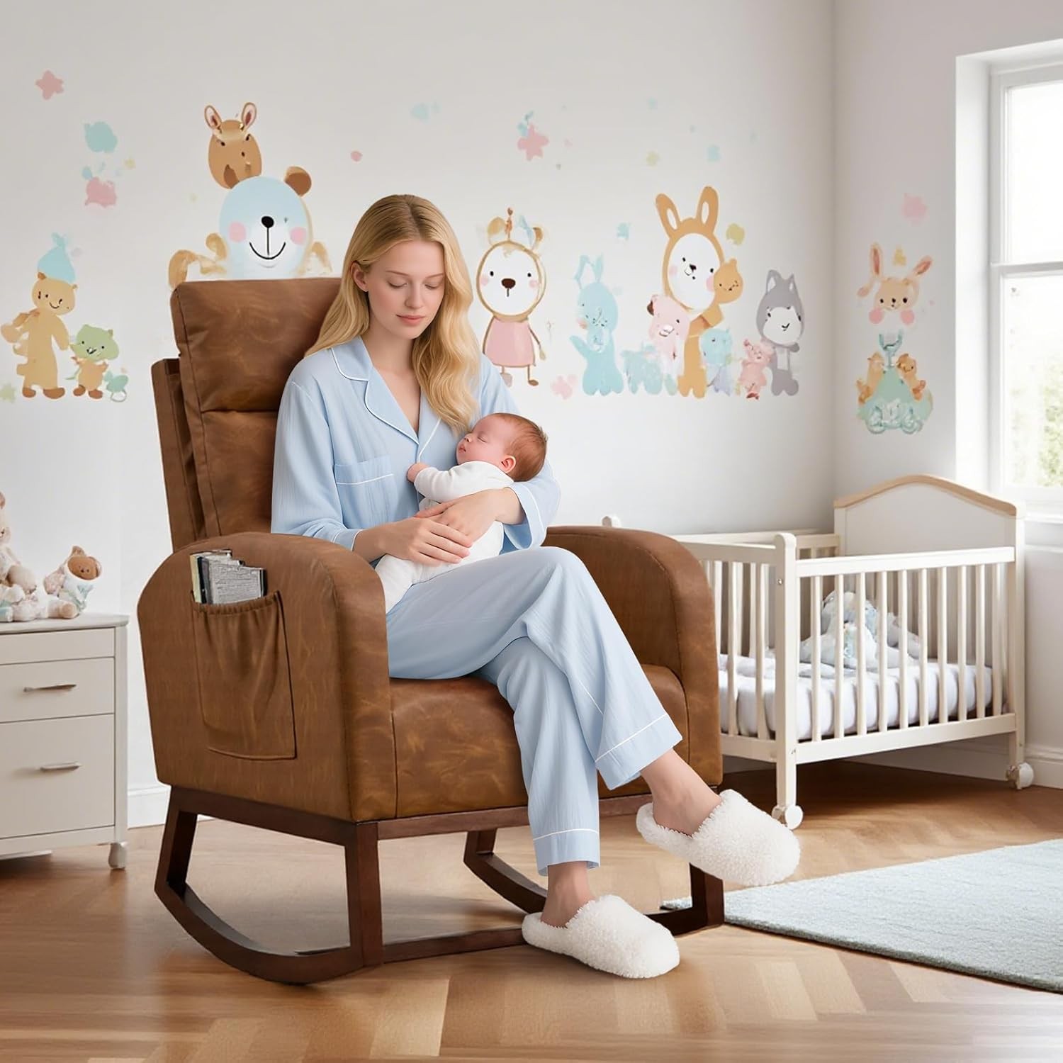 Rocking Upholstered Chair Armchair with Side Pockets for Living Room Brown