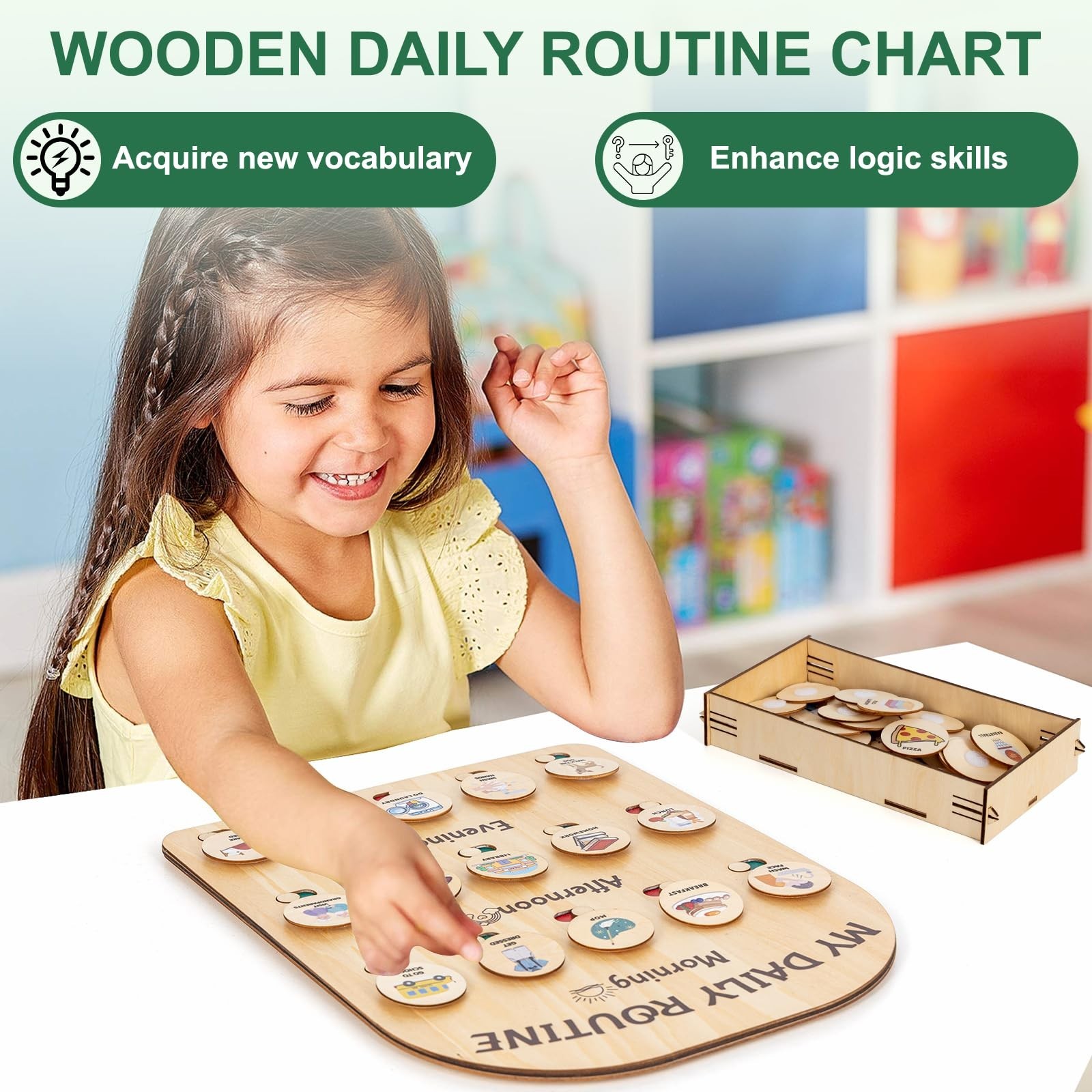 Wooden Chore Chart for Kids - Daily Visual Routine Schedule with 80 Task Card...