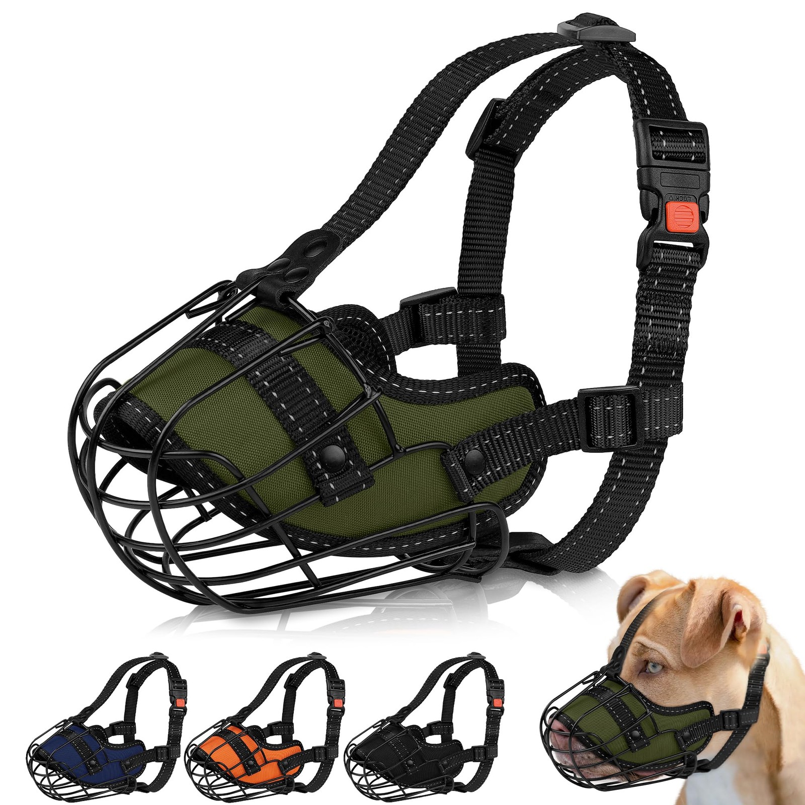OOPSDOGGY Pitbull Dog Muzzle Reflective Metal Mask Secure Wire Pitbull, Green
