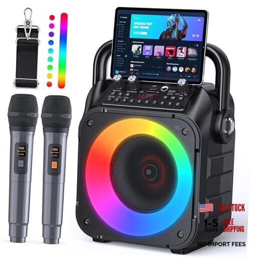 Karaoke Machine, Portable Bluetooth Speaker with 2 Wireless Microphones 2 Mics