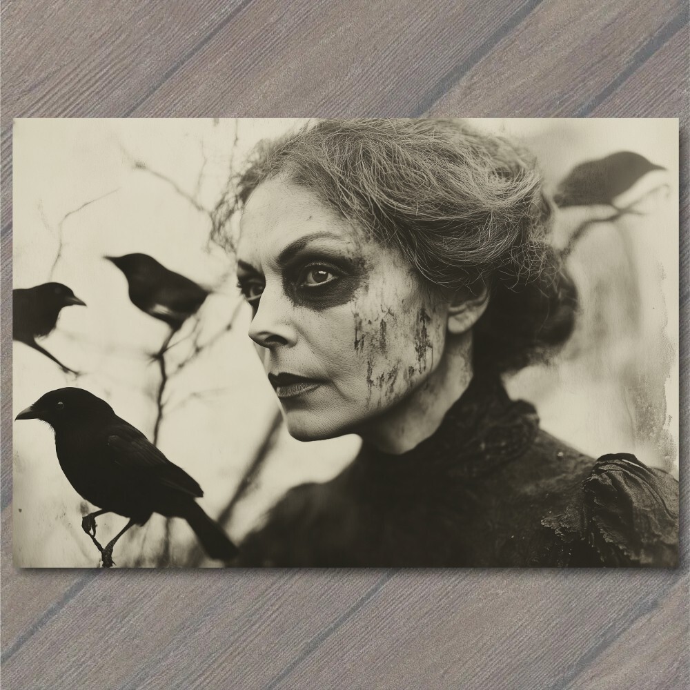 POSTCARD Goth Woman with Crows Pumpkins Halloween Vintage Style Scary Eerie