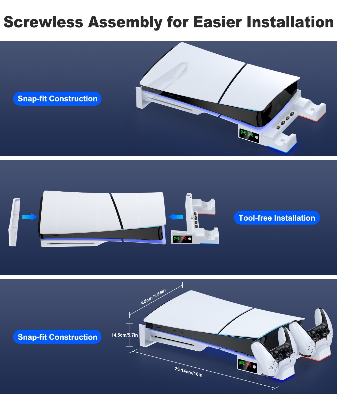 PS5 Pro Horizontal Stand for PS5 Pro/Slim Consoles,Dual Controller Fast Charging