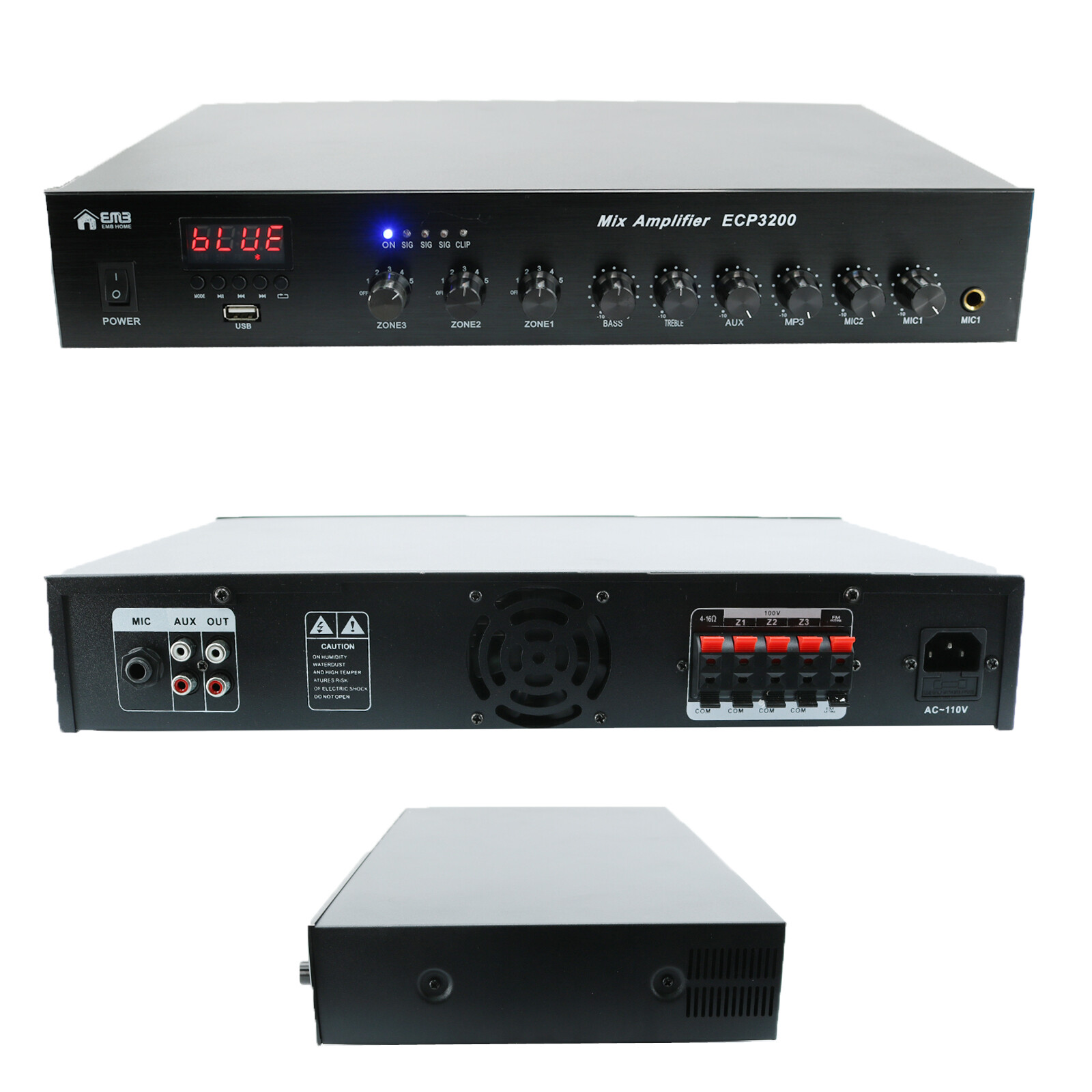 EMB 300 Watts 4-Channel 100V 70V Mixer Amplifier USB Bluetooth 4-16hom