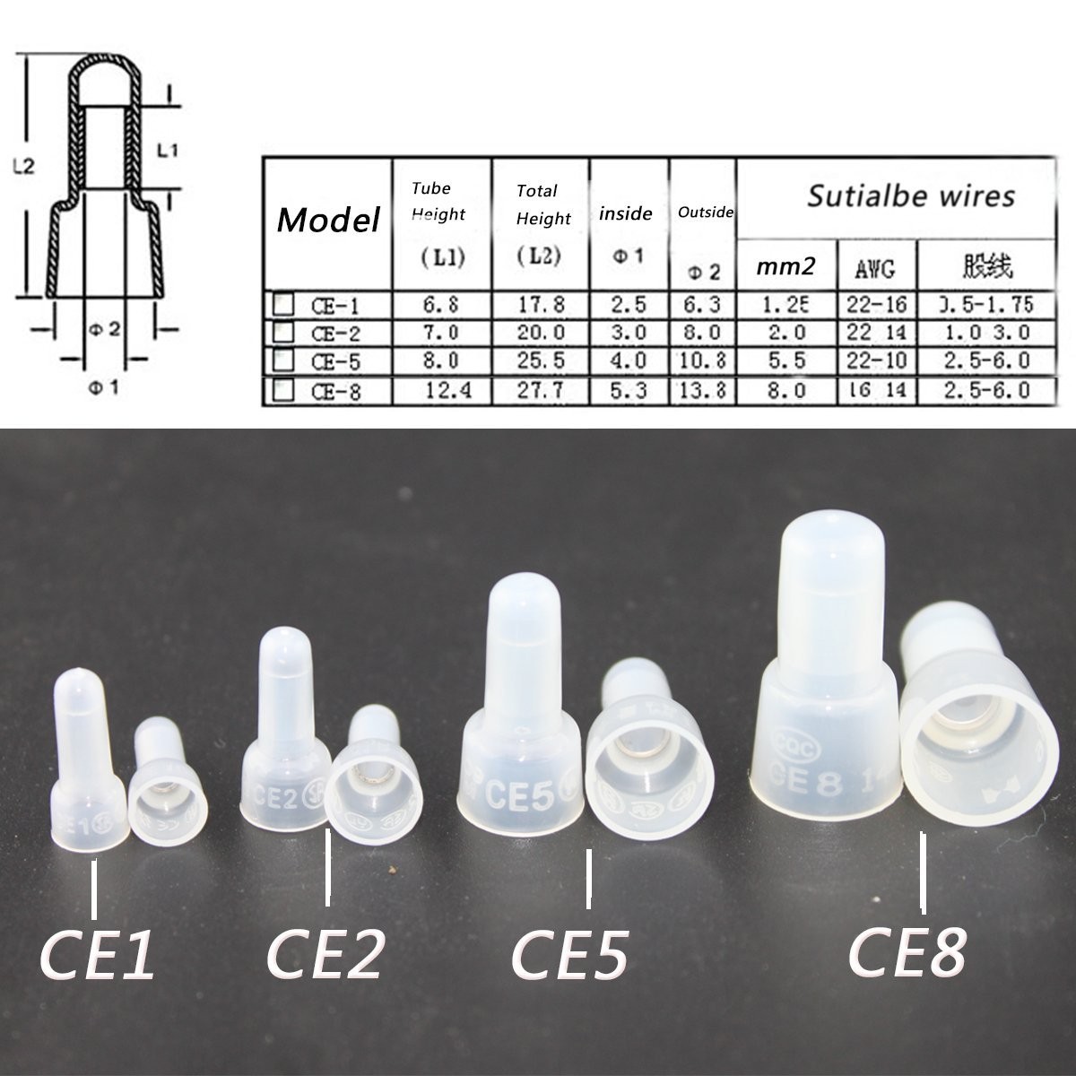 1000PCS CE2 Closed End Wire Crimp Connectors Caps