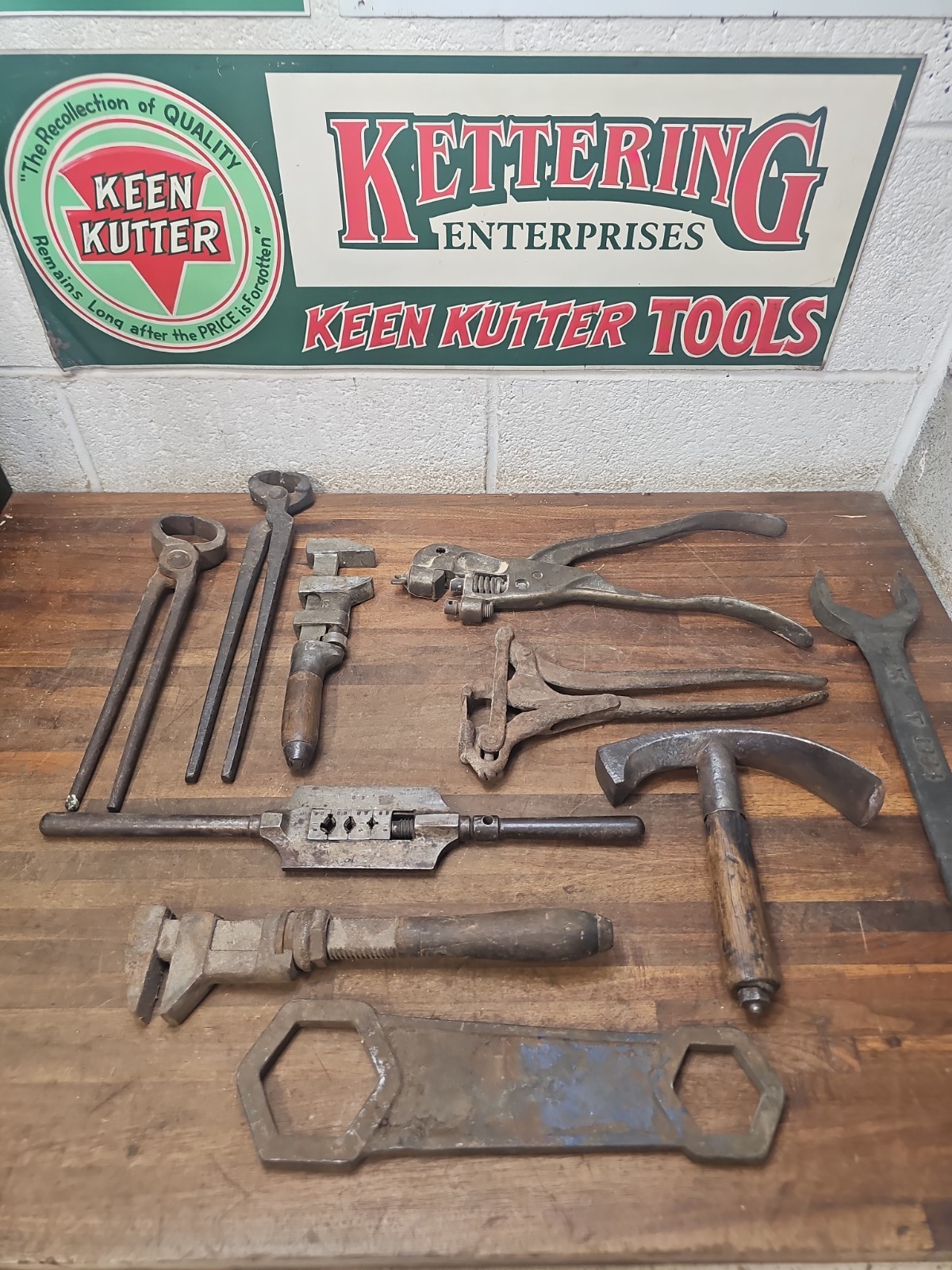 O13- ANTIQUE TOOL LOT - Blacksmith, Adze, Wrenches, Nippers, Etc