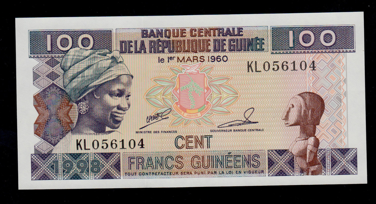 GUINEA  100 FRANCS 1998 PICK # 35 UNC.