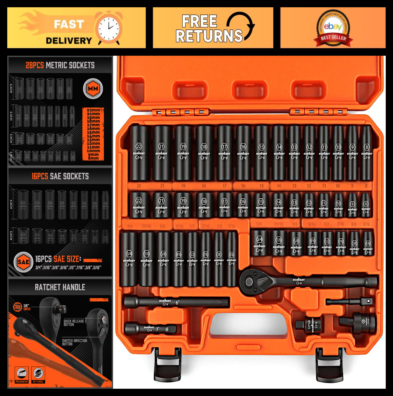 50-Piece 3/8" Drive Impact Socket Set, SAE & Metric, 6 Point, Cr-V, Ratchet Wren
