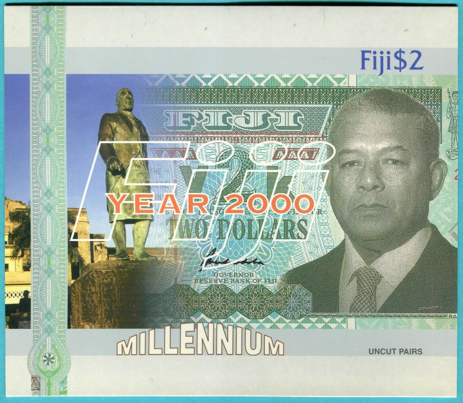 Fiji 2 Dollars 2000 P102 UNC - Uncut / Commemorative Y2K - w/ folder only 100K