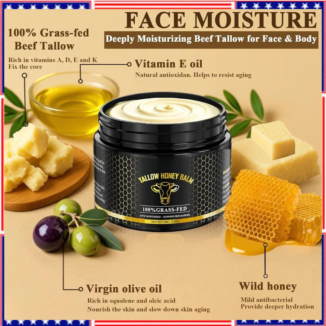 Beef Tallow for Skin, Tallow and Honey Balm for Face, Organic Grass-fed Beef