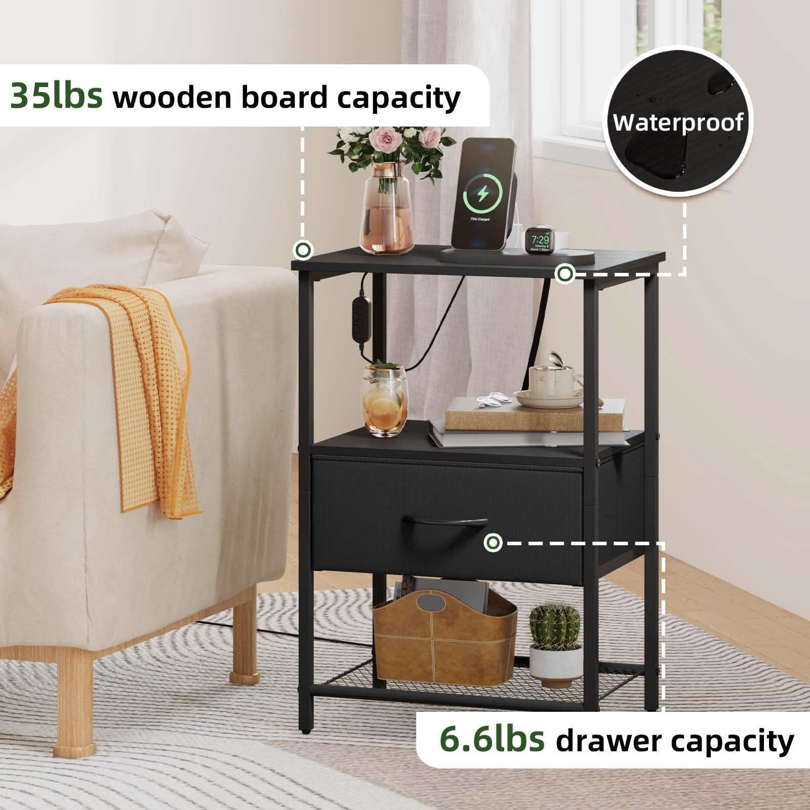 Somdot Nightstand w/Charging Station & LED; Bedside Table