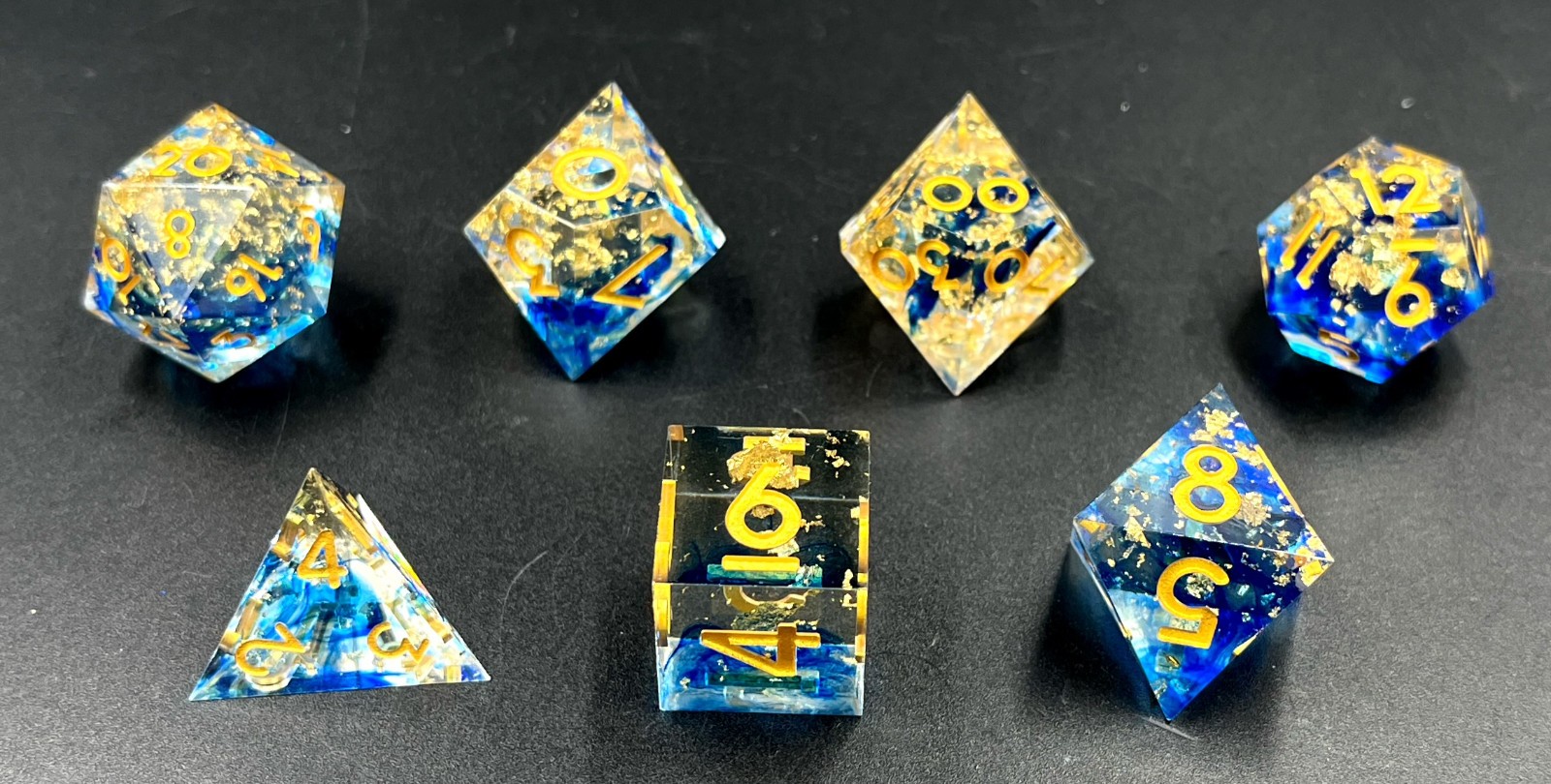 7 Piece Blue Gold Resin Polyhedral RPG Dice Set Dungeons & Dragons or Pathfinder