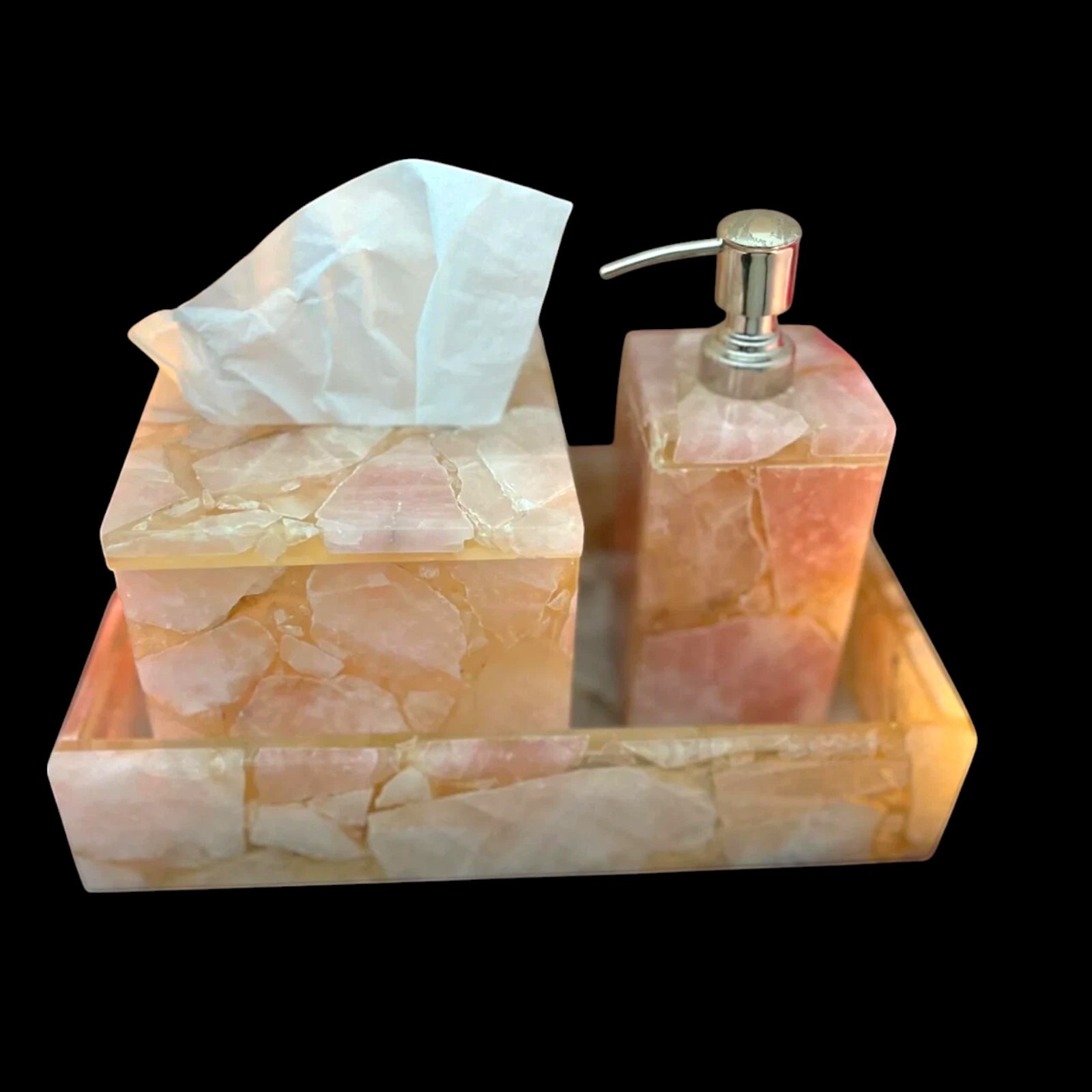 Handmade Rose Quartz 3pcs bathroom Set, Tissue Box, Soap Dispenser, with Tray