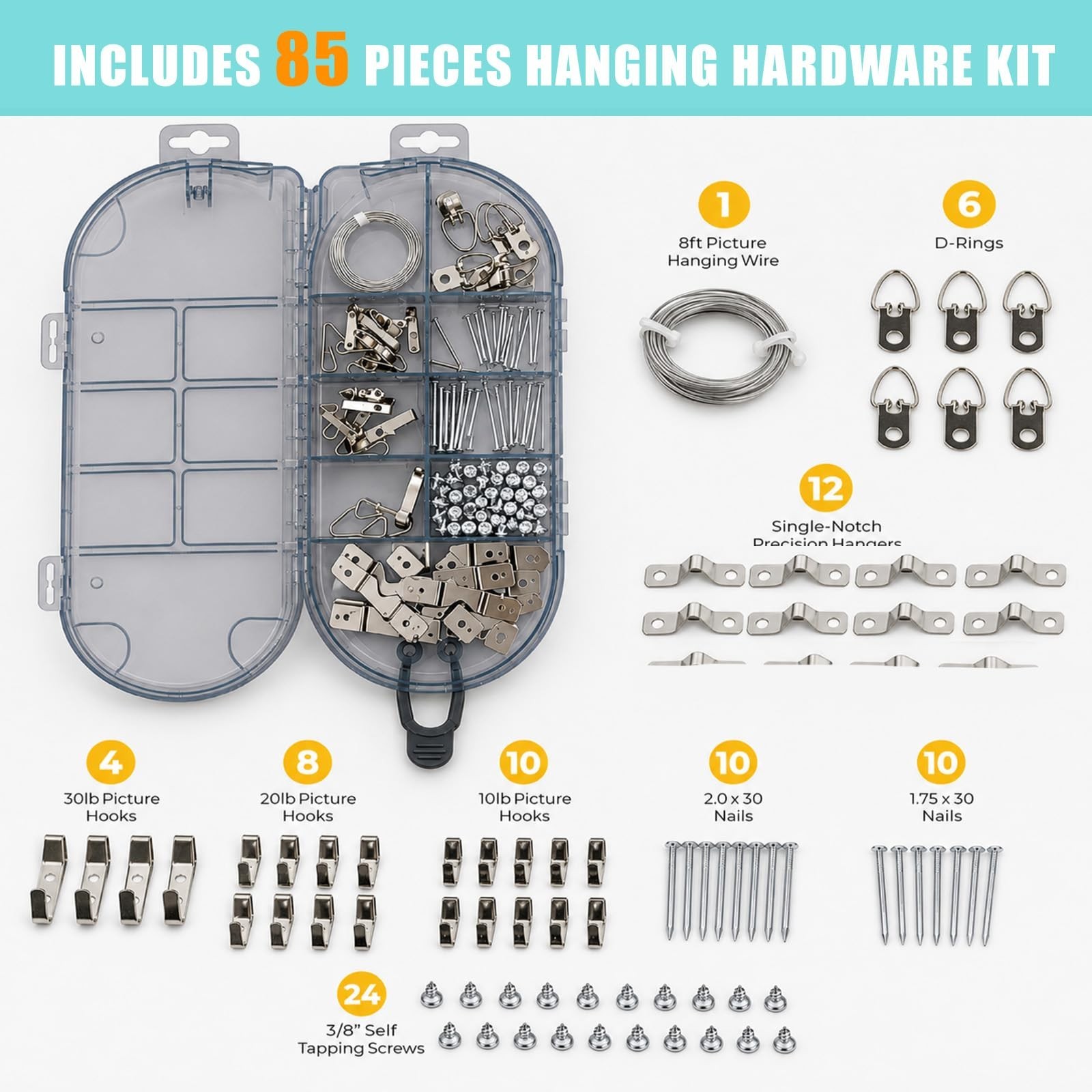 All-in-One Picture Hanging Tool Kit with Level & 85+ Hardware - No-Measure Syste