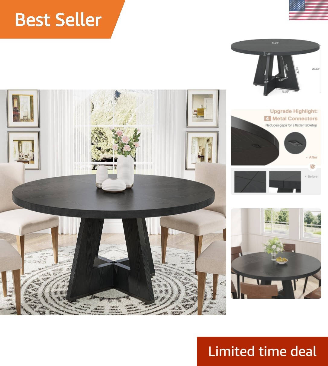 47 inch Round Dining Table Wood Kitchen Table for Dining Room, 47" Dinner Roo...