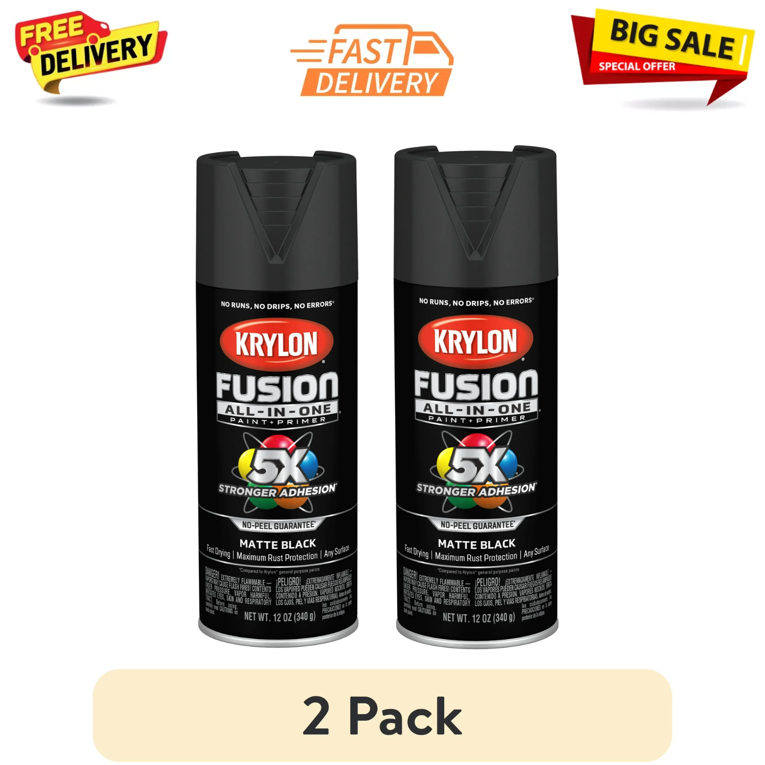 (2 Pack) Krylon Fusion All-In-One Black Matte 12 oz Spray Paint, Multi-Surface