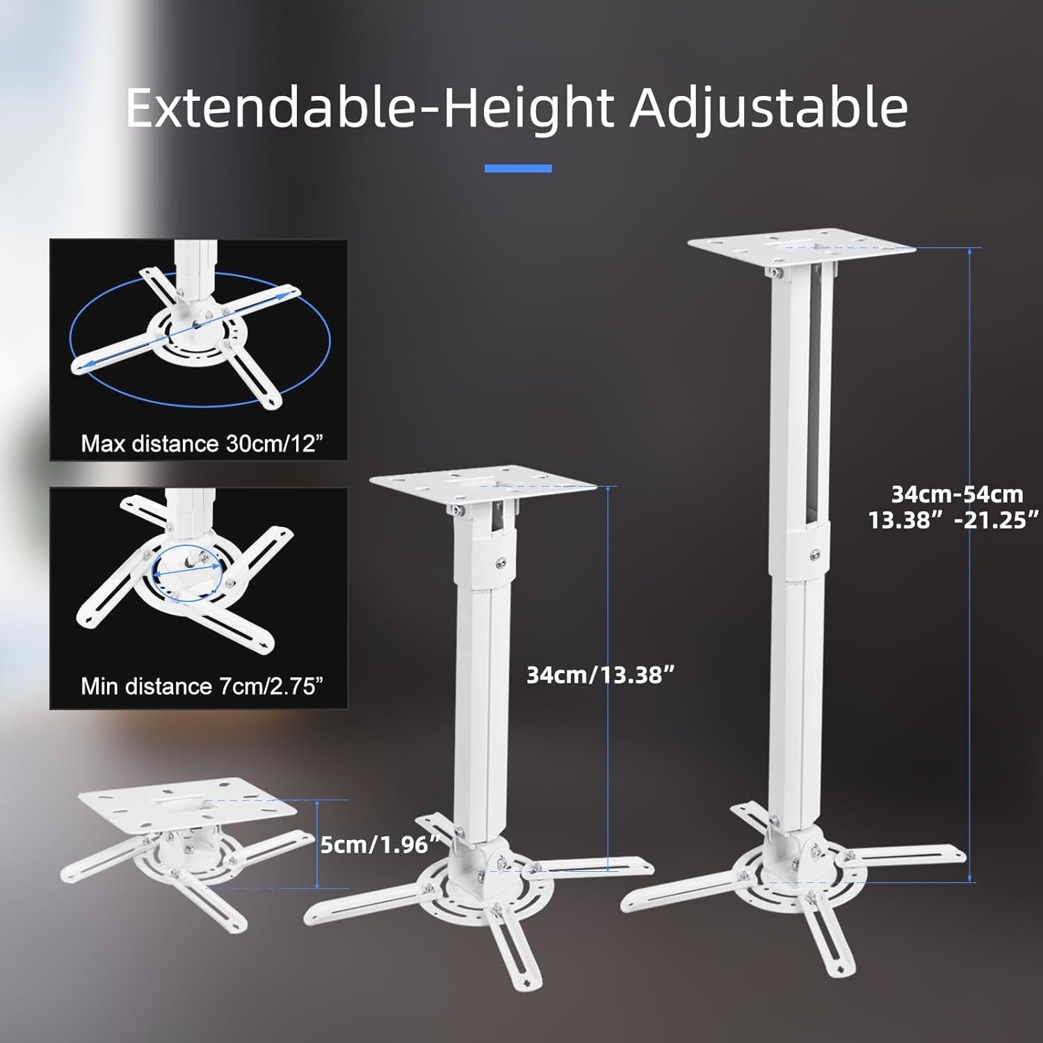 White Projector Ceiling Mount Bracket Fits Flat or Sloped Ceiling Height Adju...