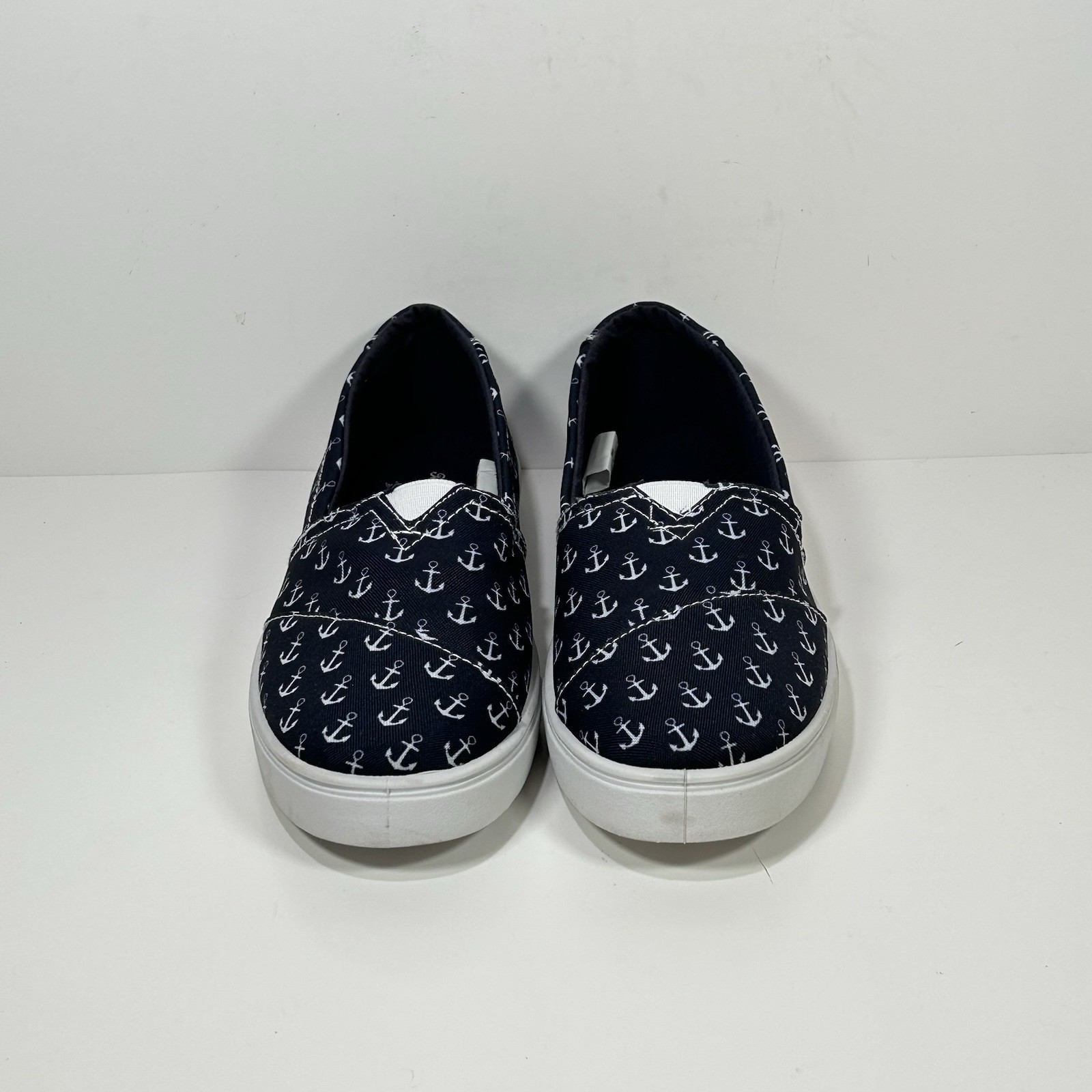 Tommy Bahama Deck Shoes Women 7 Navy Blue White Anchors Slip On Nautical Coastal