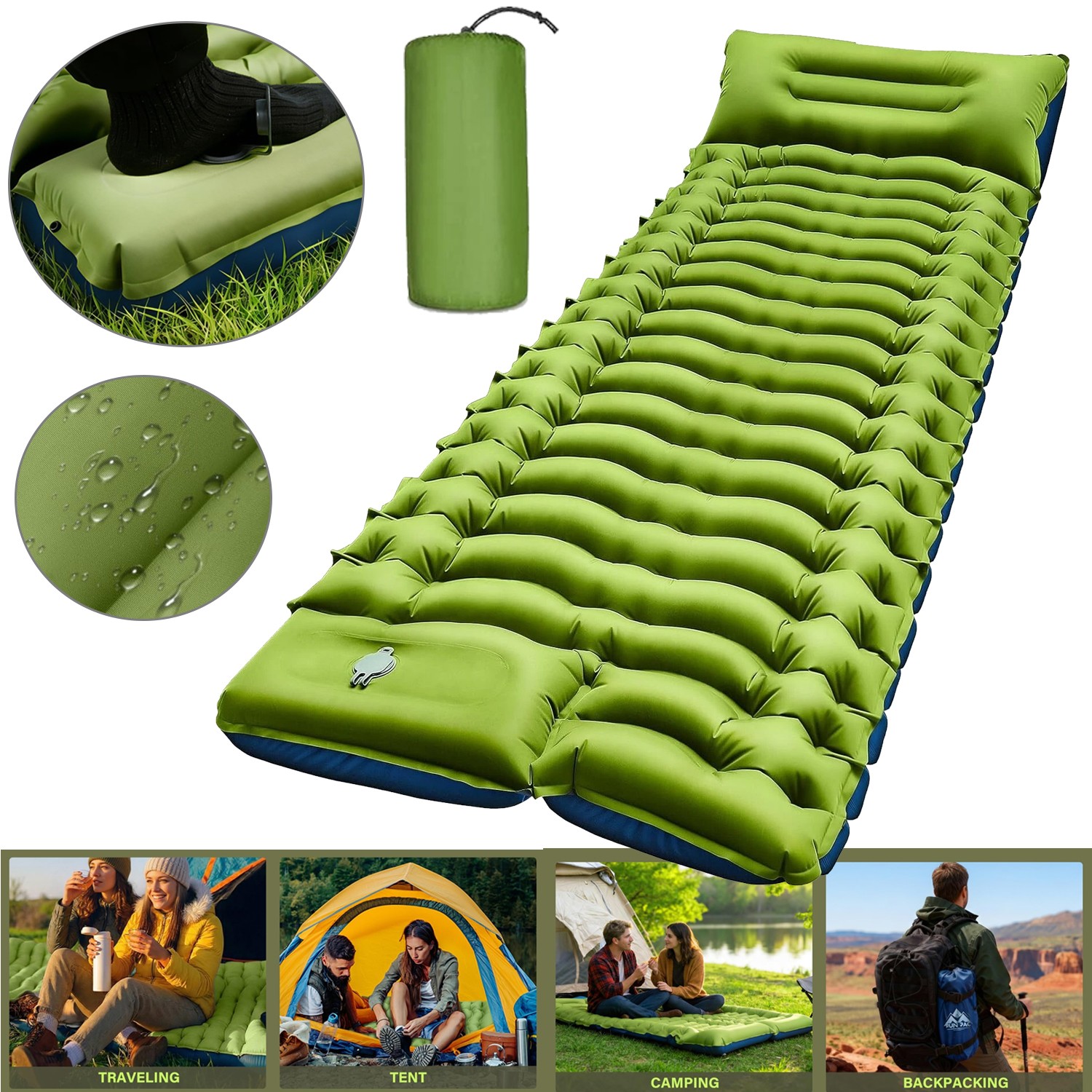 Camping Sleeping Pad, Ultralight Camping Mat with Pillow Built-in Foot Pump