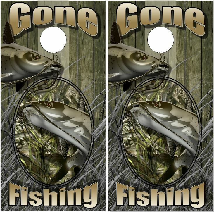 Catfish Gone Fishing LAMINATED Cornhole Wrap Bag Toss Skin Decal Sticker