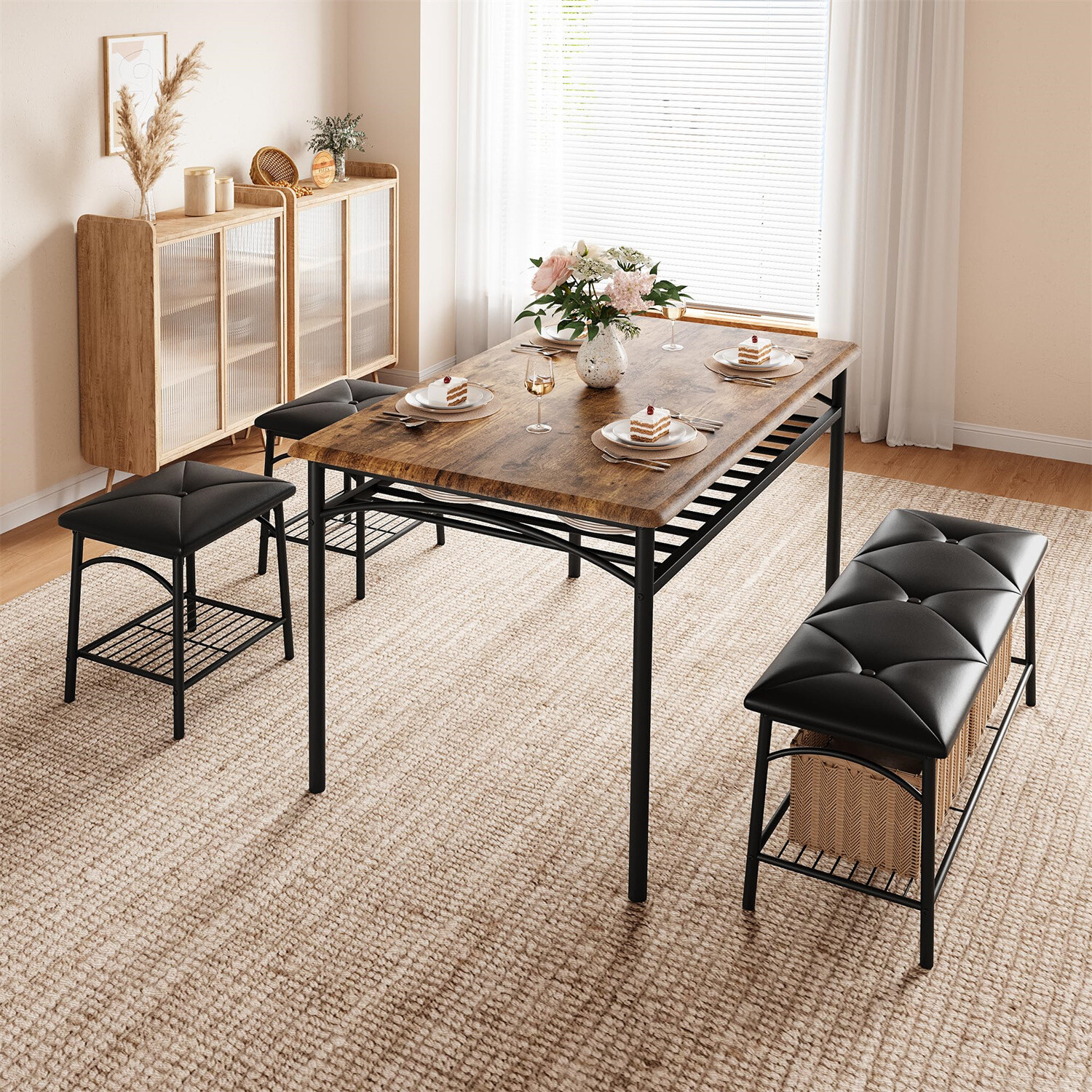 4pcs Kitchen Table Set with Upholstered Bench and Square Stools Dining Table