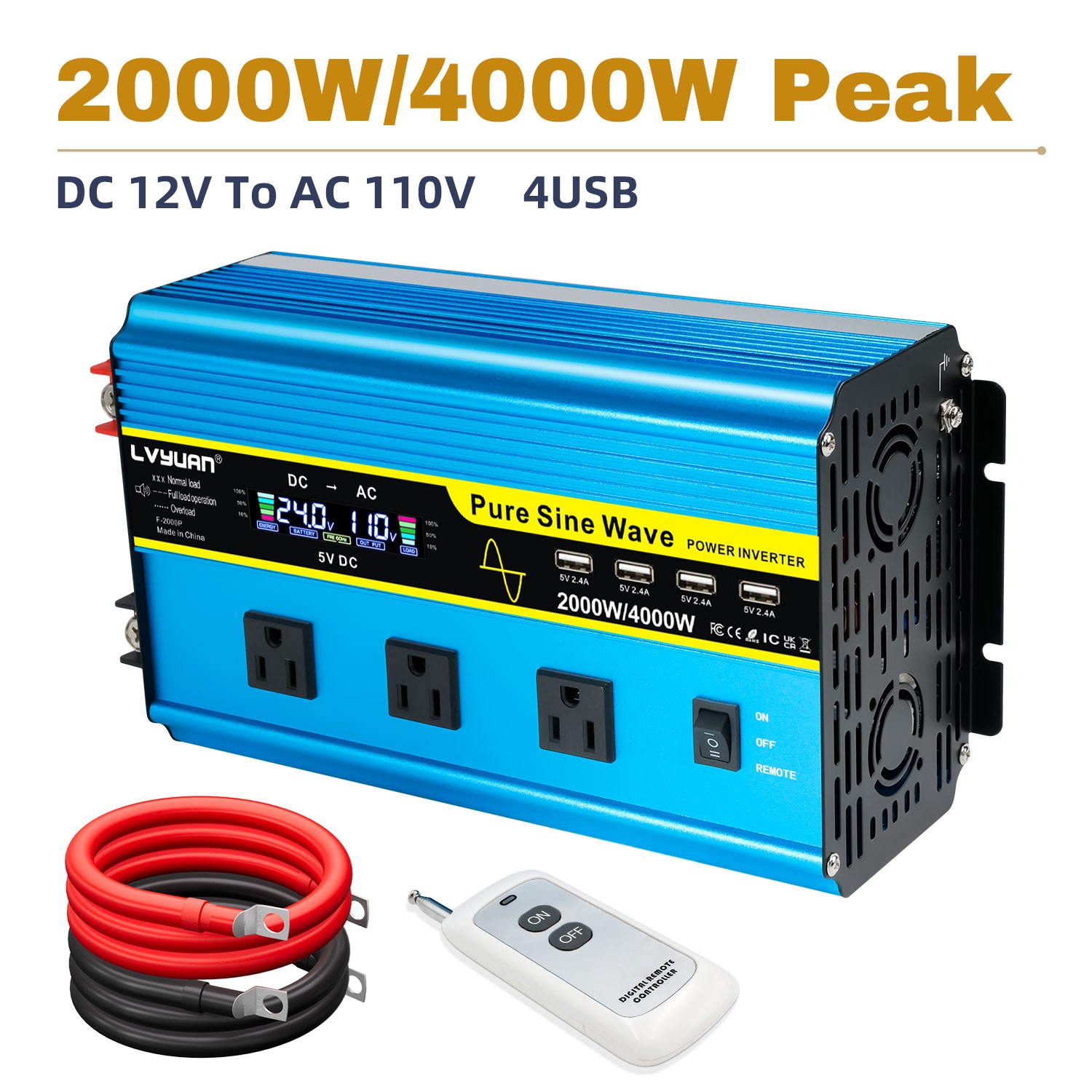 2000W 4000W Pure Sine Wave Power Inverter 24V to 110V W/ 4USB 3AC Remote Control