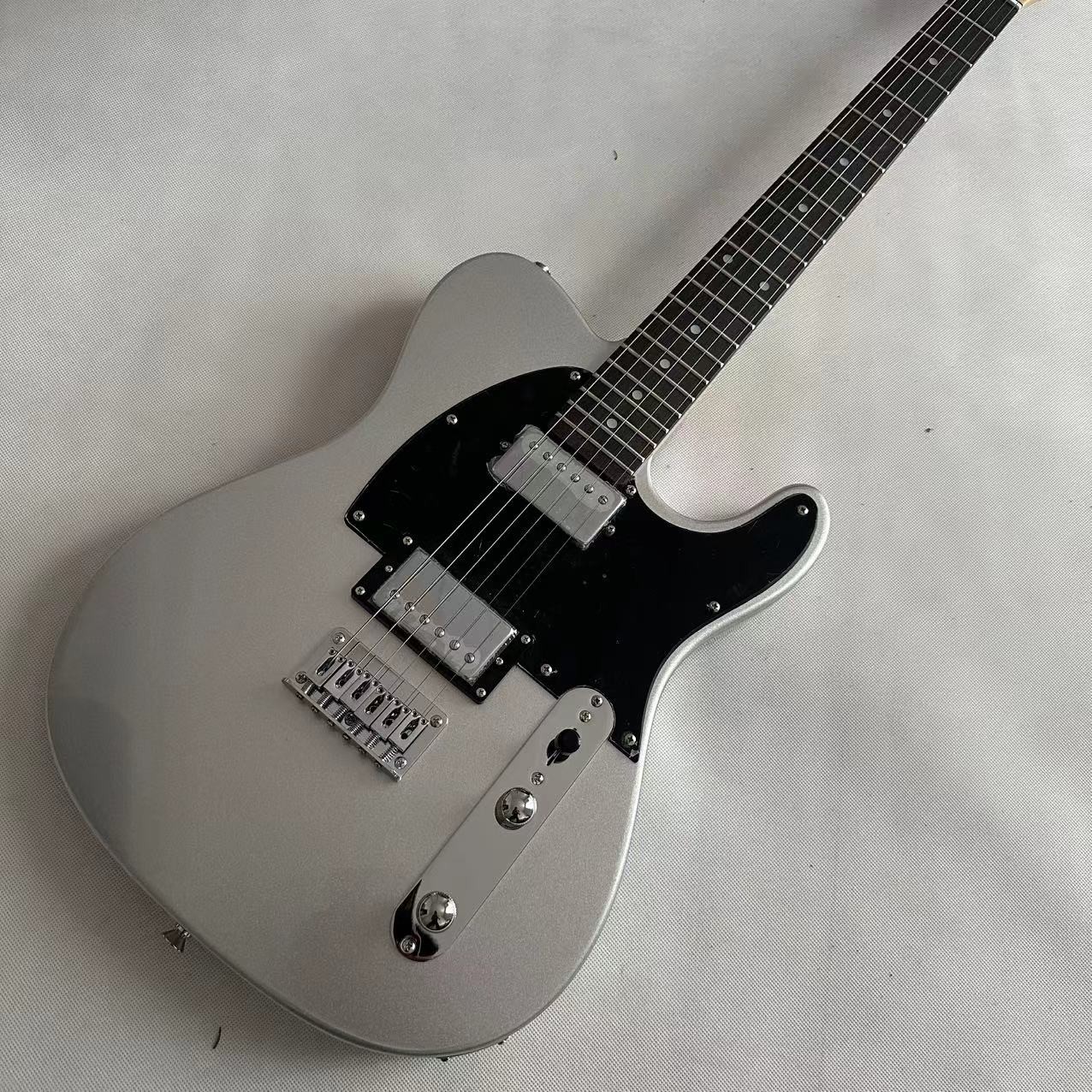 Silver powder white TL electric guitar, fixed bridge black protective plate,