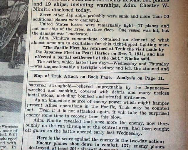 BATTLE OF TRUK ATOLL Operation Hailstone v. Japanese 1944 World War II Newspaper