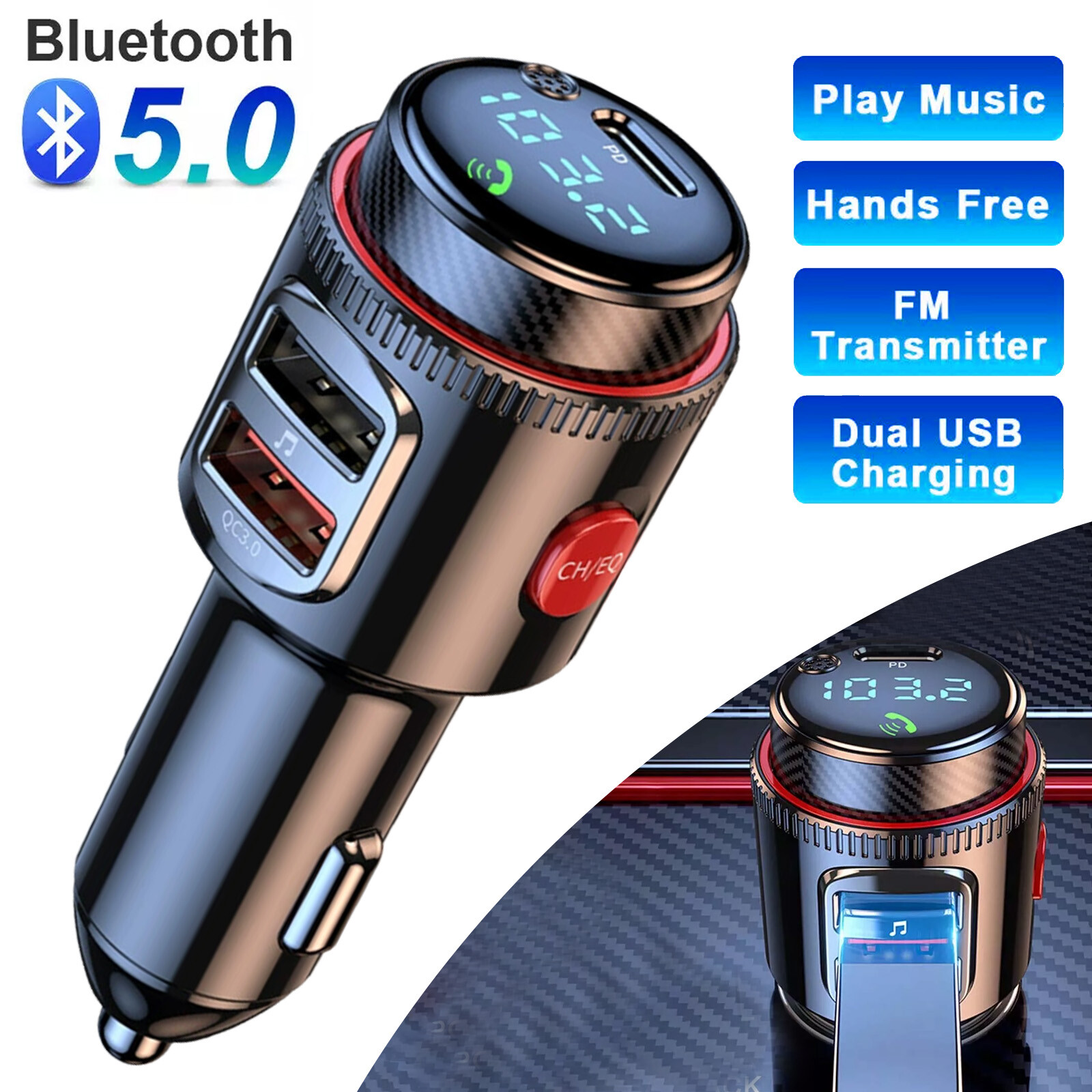 Bluetooth 5.4 Car Wireless FM Transmitter Adapter 2USB PD Charger Hands-Free MP3