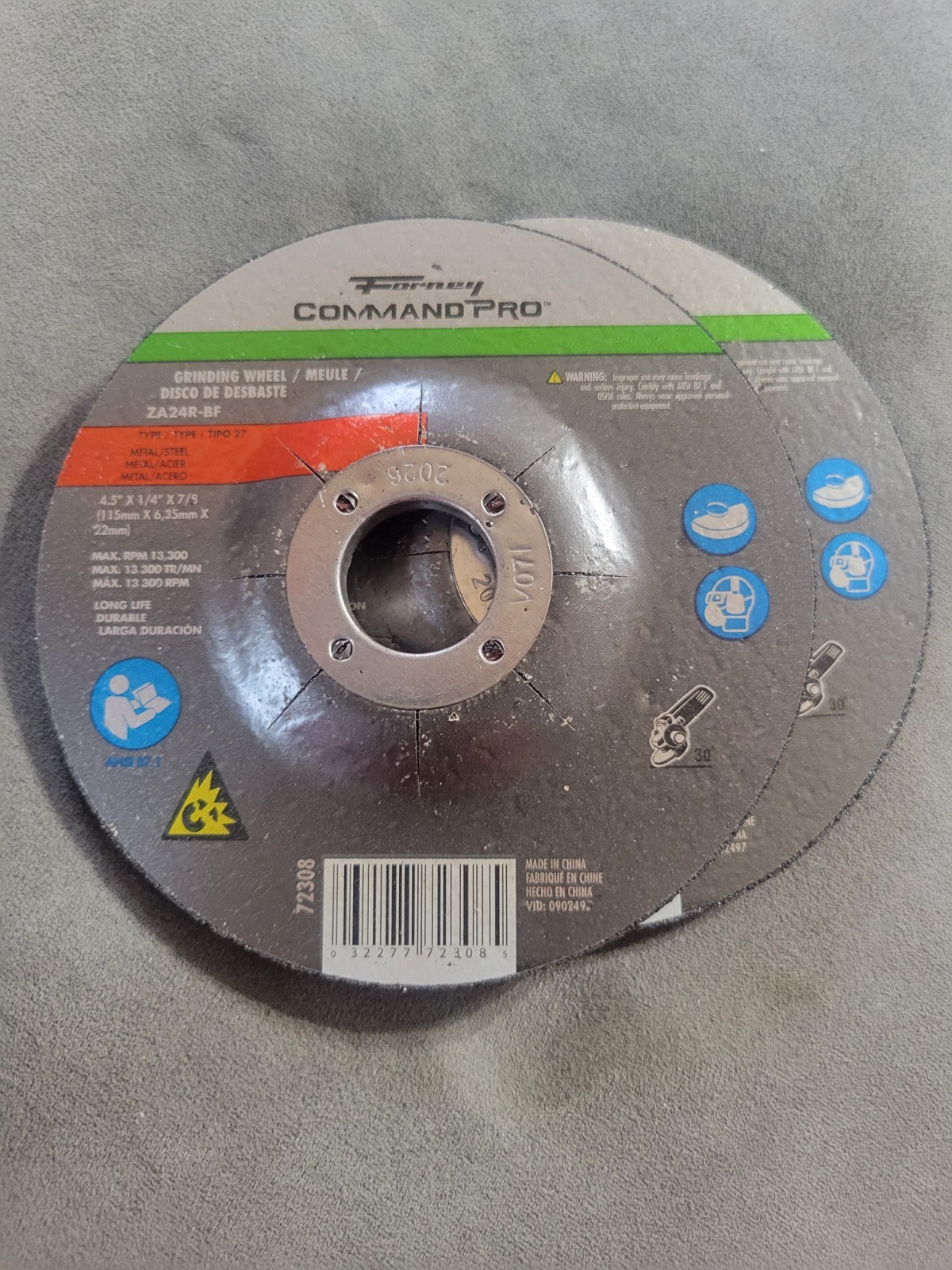 2 Forney 72308 Grinding Wheel, Metal, Type 27 (Depressed Center), 4-1/2 In X 1/4