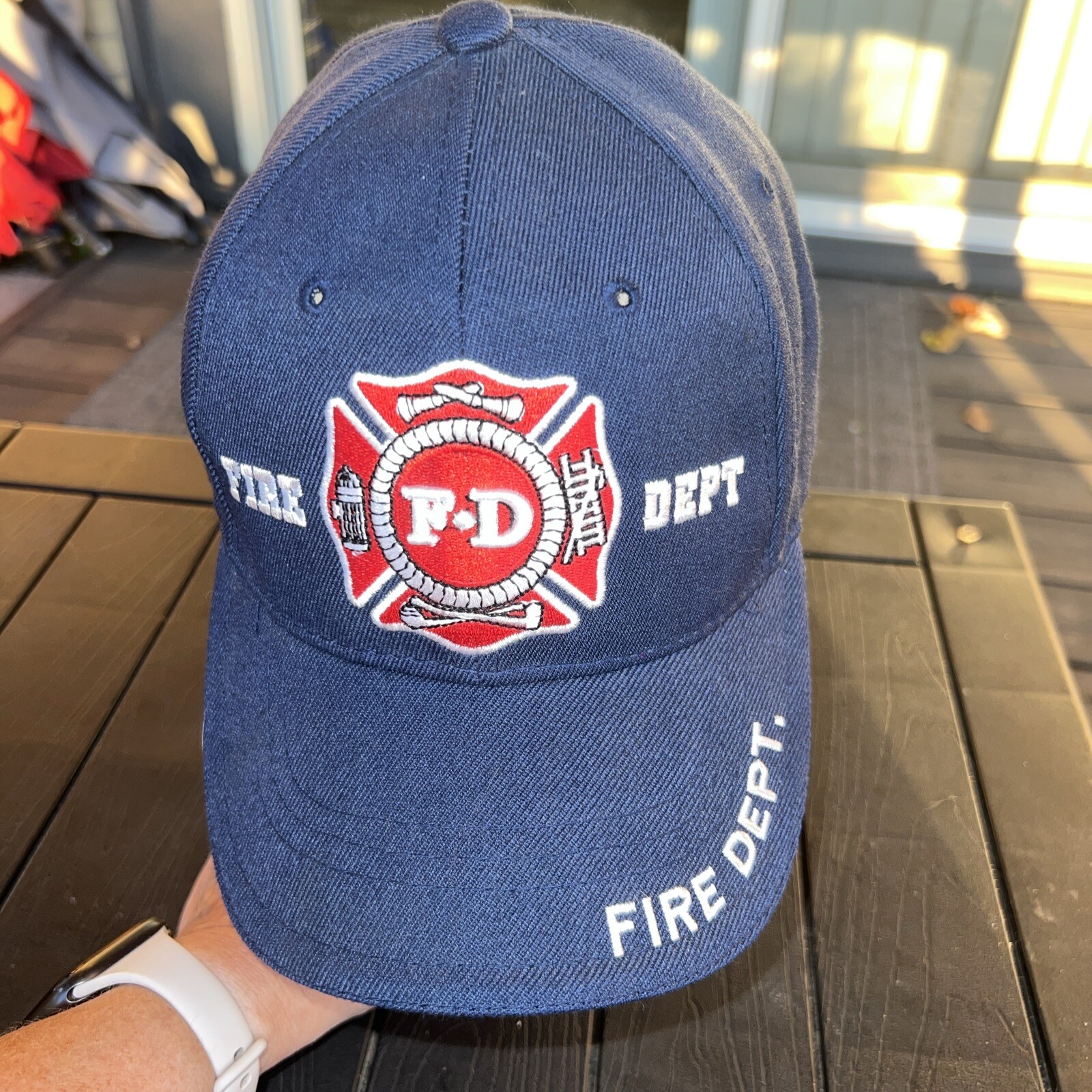 FD Fire Dept Red White logo Patch on Navy Hat Cap Hook Loop Fire Dept on Bill