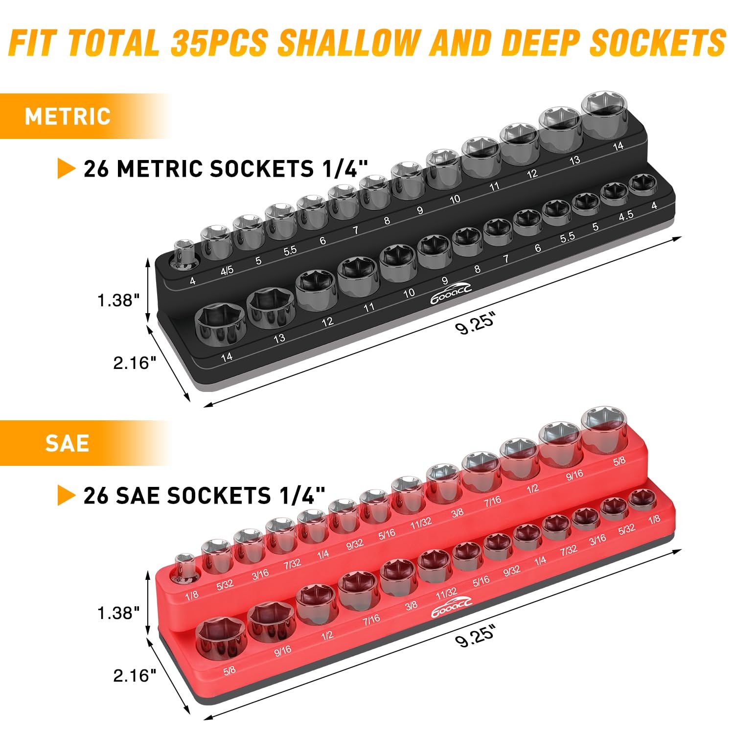 1/4" Magnetic Socket Organizer, 2 Pieces Socket Holder Metric SAE Socket Tray...