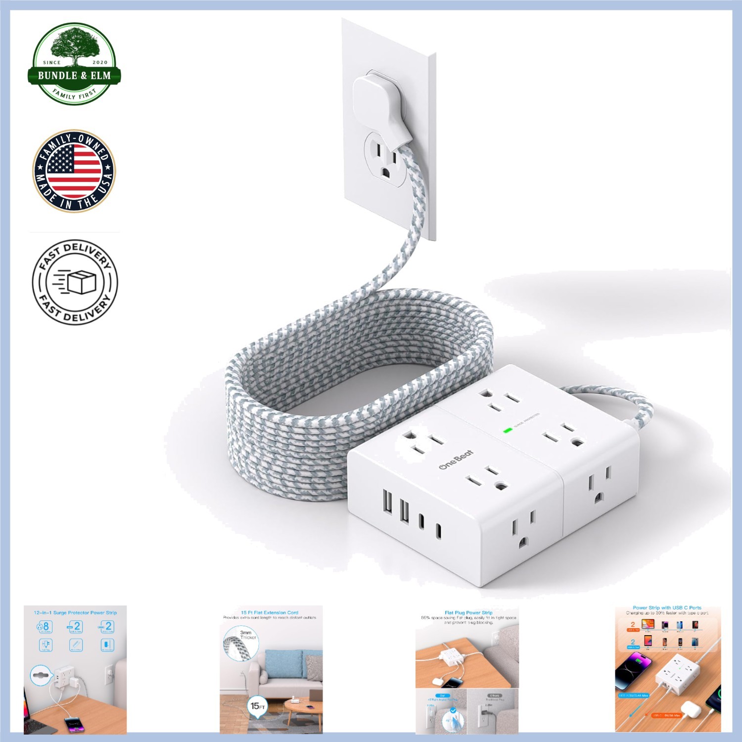 15 Ft Flat Extension Cord Power Strip with 8 Outlets and 4 USB Charging Ports
