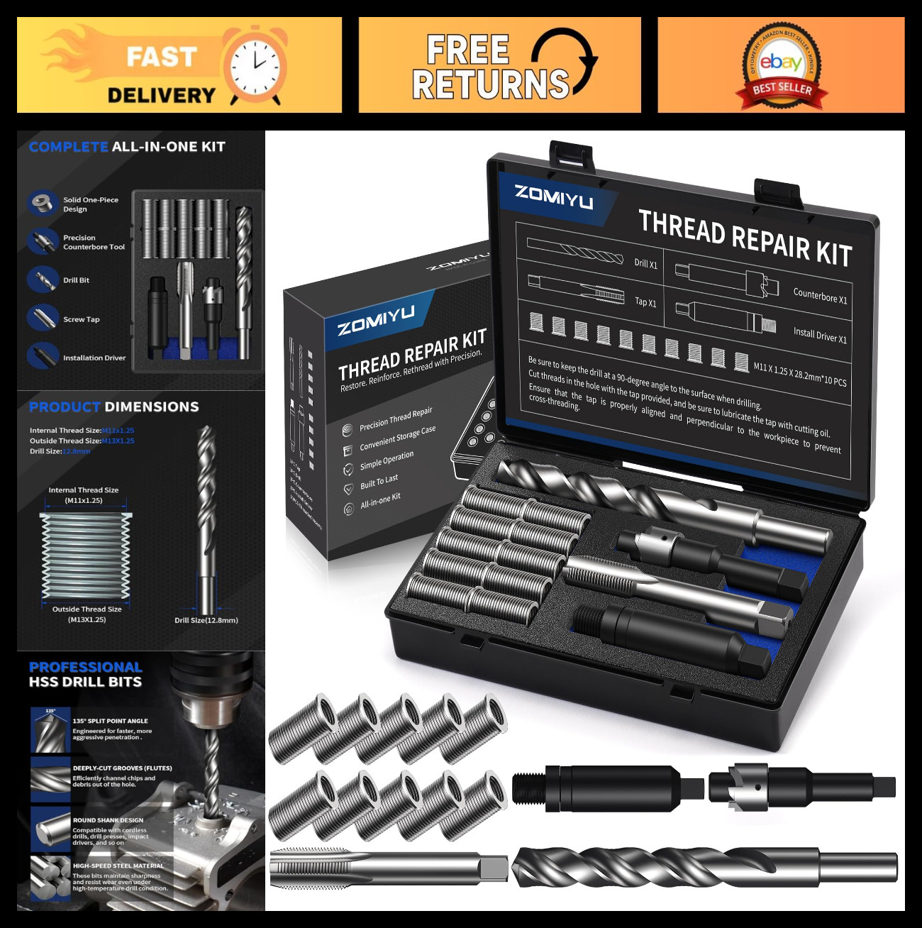 M11x1.25 Metric Thread Repair Kit - HSS Drill, Tap, Counterbore & 10 Inserts